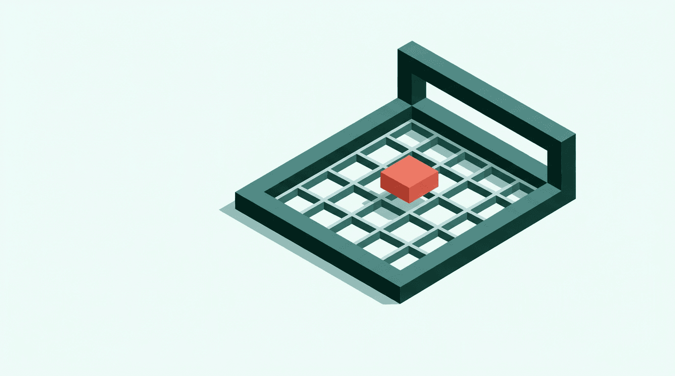 A grid of empty fields sits within an open frame; one field is raised and highlighted.